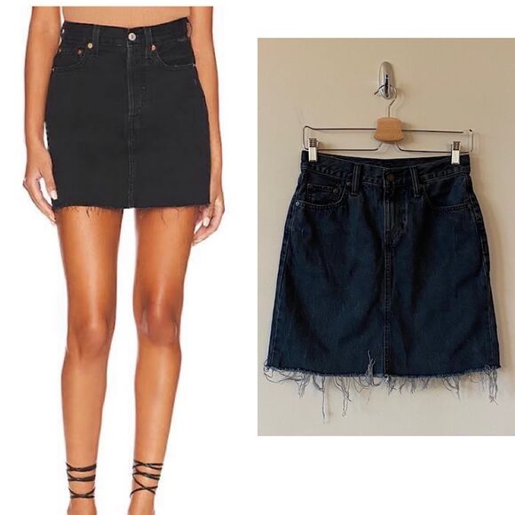 Levi’s-Ribcage Mini Skirt in a Washed Black with Raw Hem - Picture 1 of 13